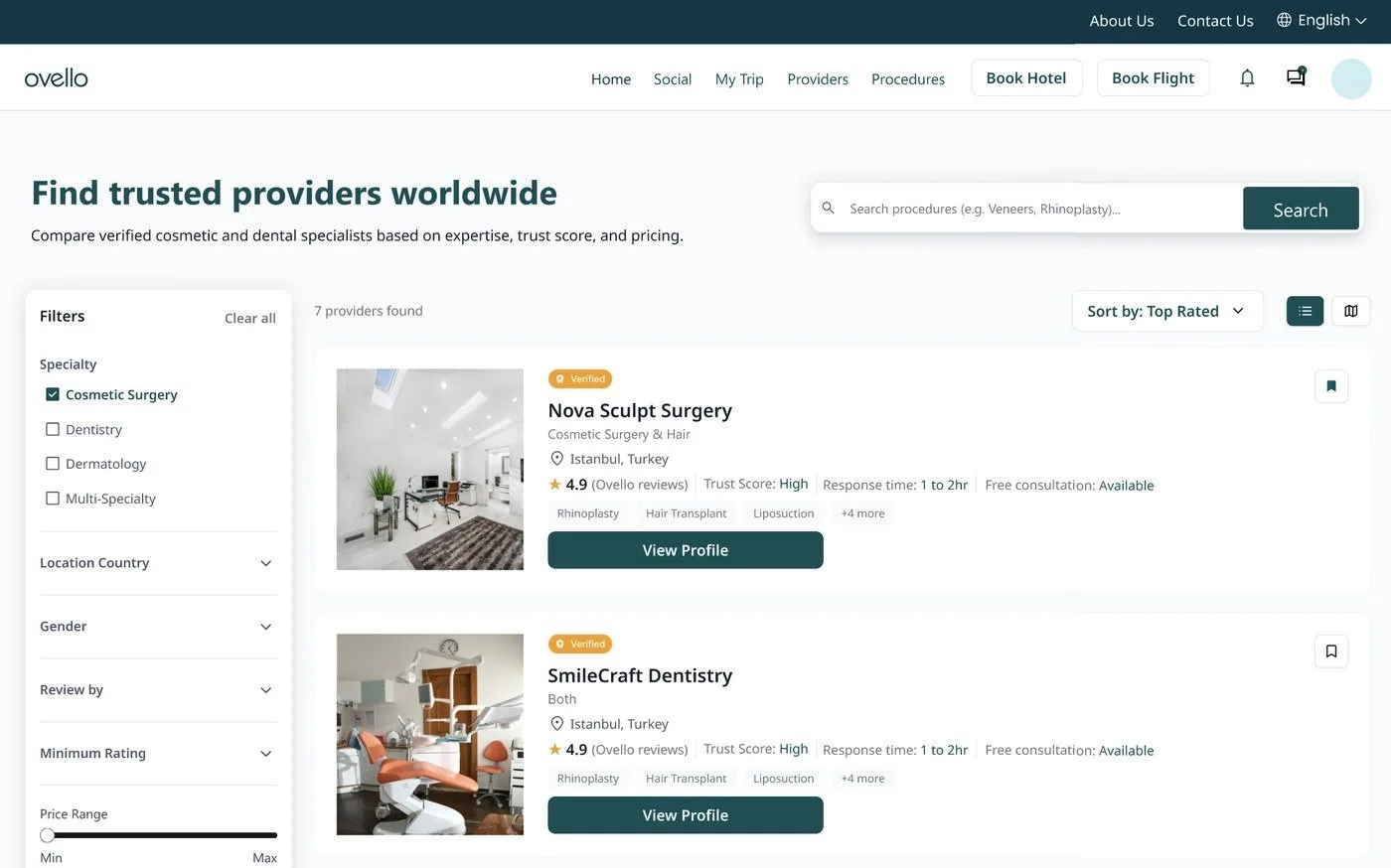 Patients comparing verified providers on Ovello
