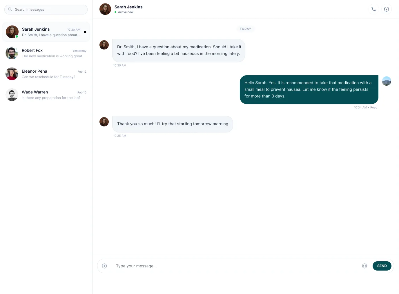 Ovello patient messaging with the patient profile alongside